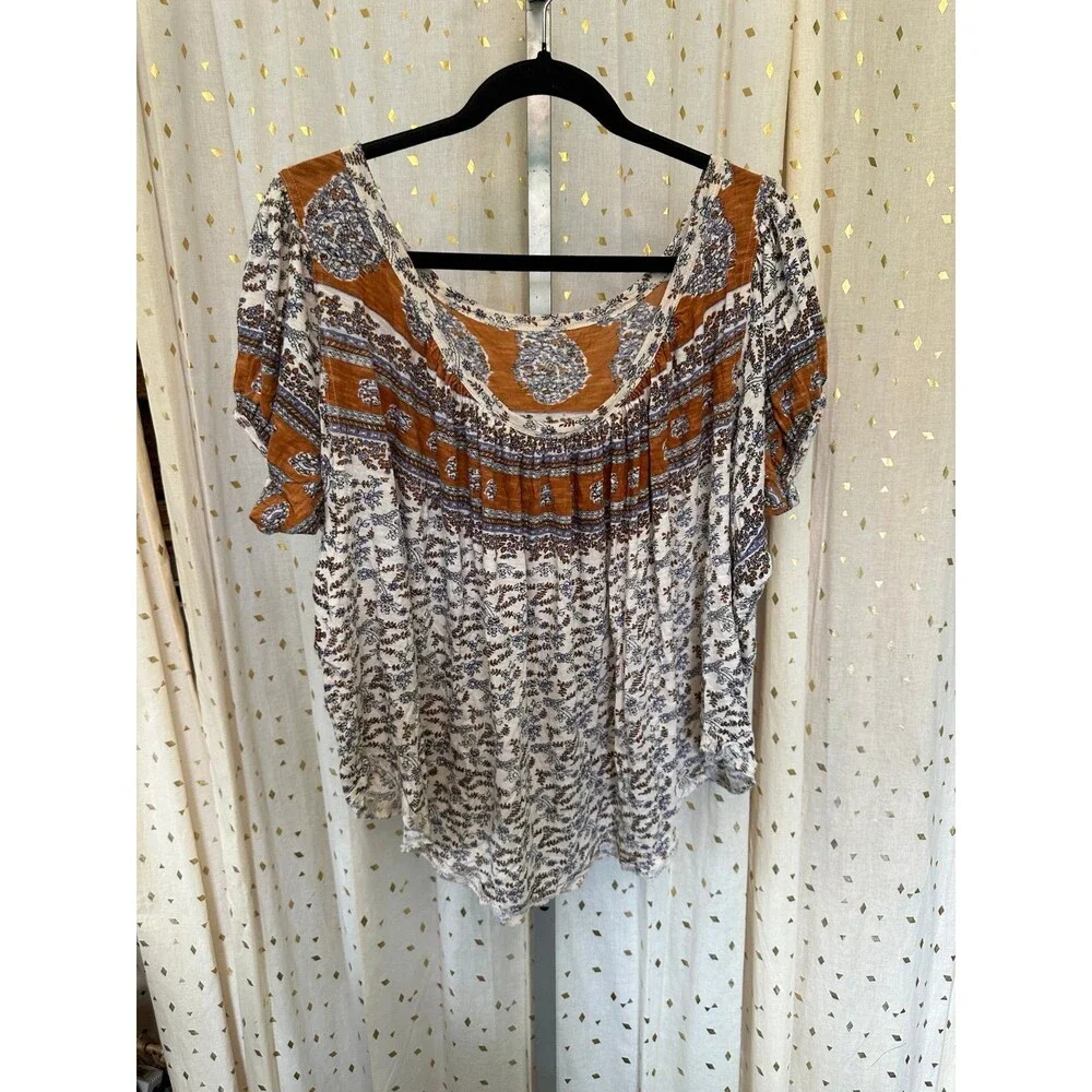 Free People Paisley Puff Sleeve Swing Boxy High Lo Frayed Hem Blouse Top S